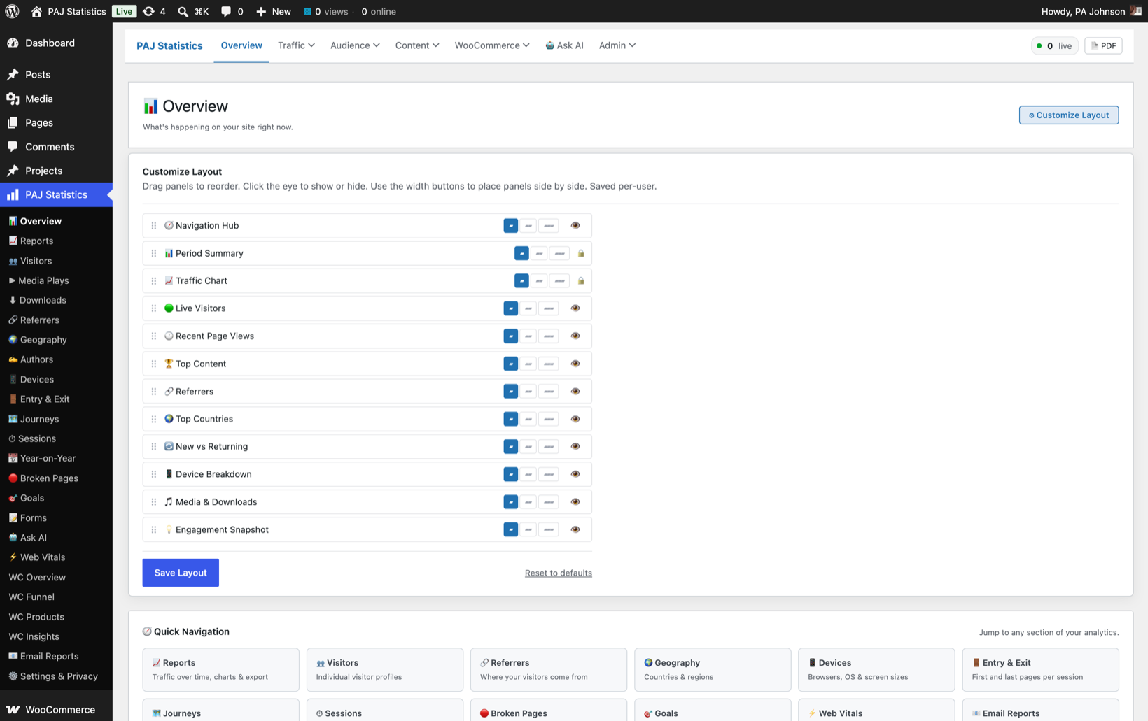The Customize Layout drawer on the Overview page, listing every panel with drag handles, width buttons and show/hide toggles