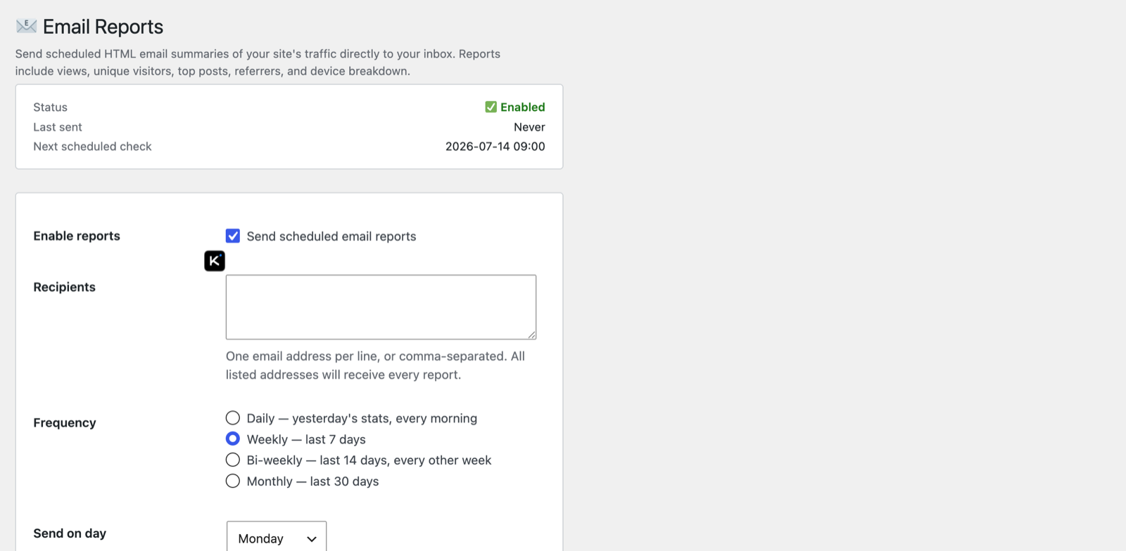 The Email Reports screen
