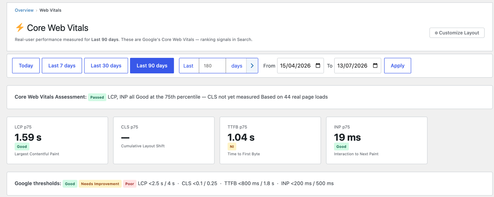 The Core Web Vitals screen